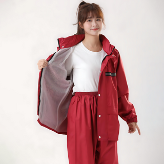 Rainfreem 琴飛曼雨衣 隱藏式帽子兩件式雙層雨衣, 酒紅色