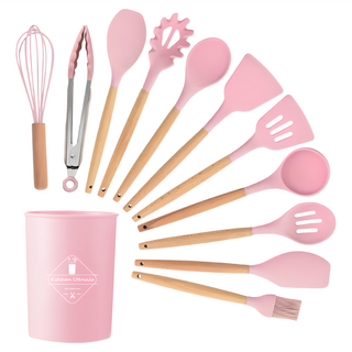 E.dot 輕奢木柄矽膠料理廚具12件組, 32 x 9cm, 粉紅色, 1組