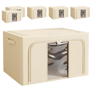 BangJiaShi 幫家適 大容量牛津布透明大視窗衣物收納箱/整理箱 單窗 100L, 米色, 6個