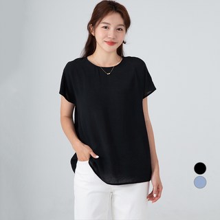 CARET 女款大尺碼人造絲圓領短袖上衣