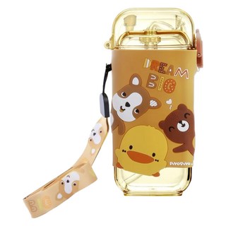 PiYOPiYO 黃色小鴨 Tritan動物樂園吸管杯 防噴設計 彈跳杯蓋 3D立體矽膠保護套 附加寬揹帶, 棕色, 280ml, 1個