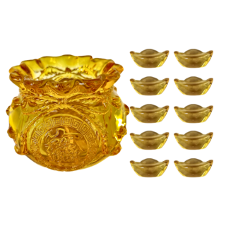 黃水晶福袋琉璃聚寶盆 含10顆小元寶, 10 x 10 x 8cm, 黃色