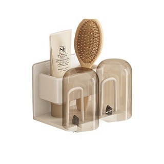 牙刷架 4人款 免釘膠款 附杯子, 白色, 1組