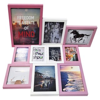 iINDOORS 北歐簡約實木相框套裝 松木材質, 粉紅色 + 白色, 1組, A4、6x8、6x6、4x6