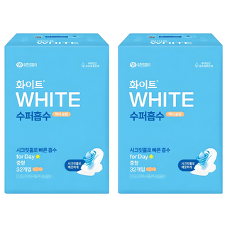 화이트 수퍼흡수 맥시 슬림 생리대 날개형, 중형, 32개입, 2개