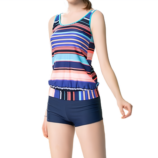 Summer love 夏之戀 大女長版二件式泳裝 (長版上衣+四角褲+泳帽 活動式罩杯), 多色