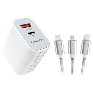 RONEVER 20W PD充電器組 DE040A 充電器59 x 43 x 27mm 45g + 充電線120cm 40g, 白色, 1組