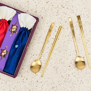 Willive 韓國製烏龜高級餐具禮盒, 餐具 2入 + 金龜筷架 2入 + 綢緞福袋 2入 + 收納盒 + 禮品包裝 + 提袋, 鈦, 1套