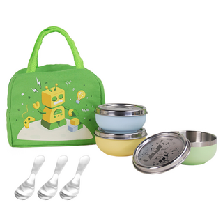 KOM 夢想系列 316不鏽鋼磨砂兒童隔熱碗含蓋3入組 附匙+便當袋(款式隨機), 藍色 + 黃色 + 綠色, 3個含蓋隔熱碗 + 3個湯匙 + 便當袋, 1組