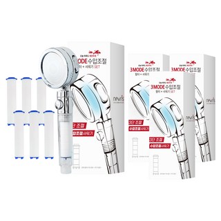 뉴리스 수압 3단계 조절 온오프 정수 필터 샤워기 헤드 + 필터 6개, 4개