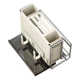SUNORO 奶油風碳鋼廚房刀架/多功能砧板收納架/勺筷收納瀝水架 雙筒款, 奶油白, 1組