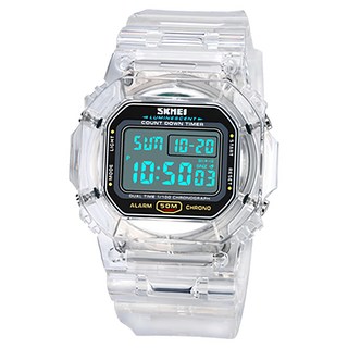 SKMEI 時刻美 時尚透明運動電子錶，禮盒組，50米防水, 水晶白