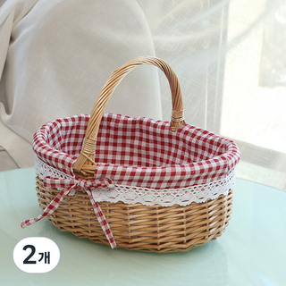 藤編橢圓形野餐藤籃 大型, 03 紅色格子, 2個