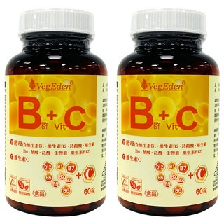 VegEden 蔬食伊甸園 酵母B群 + 維生素C錠 補充每日營養所需, 490mg, 60顆, 2罐
