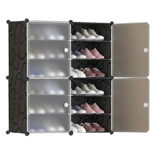 德利生活 側開二層組合鞋櫃 2列8層 + 置物架 + 雨傘架, 黑色, 8層