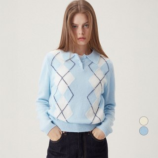 여성용 폭닥 헤어리얀 아가일 폴로넥 스웨터