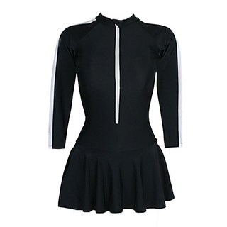 愛北鼻 成人女長袖連體裙裝泳衣 防曬舒適顯瘦, 1入, 黑色, L碼