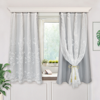 雙層刺繡窗簾 2片, 法式花繡灰白