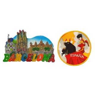 A-ONE 匯旺 西班牙巴塞隆納造型立體磁鐵+西班牙 鬥牛士 espana徽章【2件組】c159+311, 1組, 磁鐵:3.62 x 2.28inches，布藝徽章:2.75 x 2.75inches