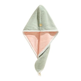 日式吸水纖維速乾頭巾 乾髮帽 浴帽 包髮巾 擦髮 柔軟珊瑚絨布料 雙層加厚 正反兩用 雙口可調節, 綠粉色, 1個