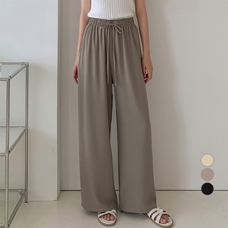 afinar 女款類亞麻飄逸寬版鬆緊長褲