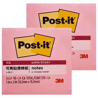 3M Post-it 利貼 狠黏便條紙 654_3SS_3 76.2x76.2mm, 粉色, 270張, 2組