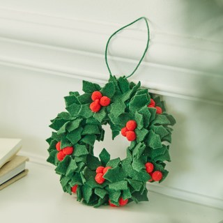 크리스마스 조화 펠트 잎사귀 리본 리스 현관 벽 장식, 그린, 1개