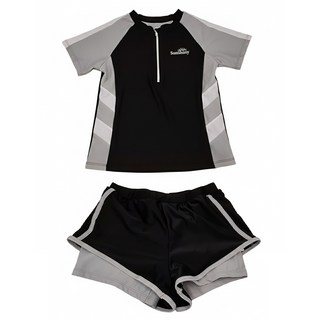 Sunshiny 女童短袖分體拉鍊泳衣，運動風時尚泳褲, 2XL, 黑色