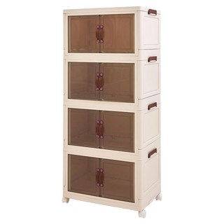 The Look GROCERIES STORAGE 折疊式多功能收納櫃 四層櫃 附輪 穩固側邊卡扣 磁吸式門設計 附煞車萬向輪, 米白色 + 透明色, 1個