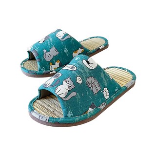 i Slippers 小日常 兒童真草蓆拖鞋 - 群聚貓咪 台灣製造 天然真草編織, 22cm, 青色, 1雙
