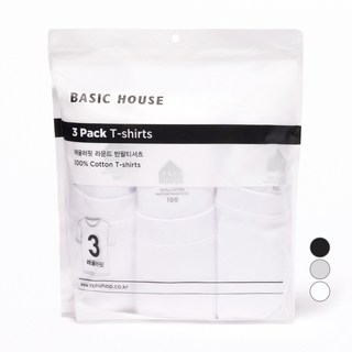 베이직하우스 남녀공용 통기성 순면라운드 30수 반팔티 오리지널팩 3p HATS0101