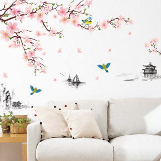 WA. WALL ART 無痕設計壁貼 FX-C03 2張, 青鳥 + 櫻花 + 水墨