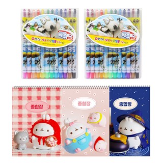 DONG-A 鉛筆 Peccom 旋轉式色鉛筆 12色 2入 + Molang加厚綜合本 3入 套組, 混合顏色 + 隨機出貨(綜合本), 1套