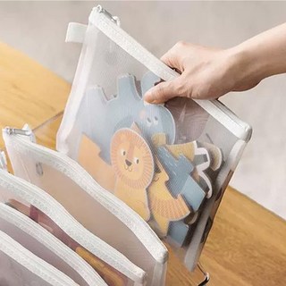 網格文件收納袋 Set 5, 透明網紗拉鍊收納袋, 白色, 5個