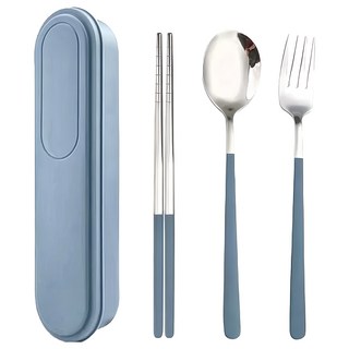 Cooksy 304不鏽鋼環保餐具/高溫耐受便攜式餐具 3件組 21.5 x 5.5 x 3cm, 1組, 叉 + 匙 + 筷, 藍色