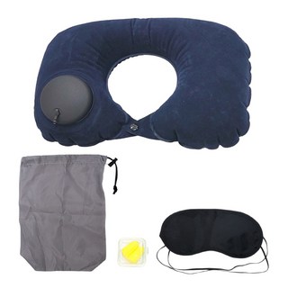 DIBOTE 迪伯特 按壓充氣旅行頸枕組 充氣頸枕 + 眼罩 + 耳塞2個 + 收納袋 W3071-U-BU, 深藍色