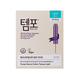 템포 내추럴코튼 탐폰 삽입형 생리대, 1개, 20개입, 라이트