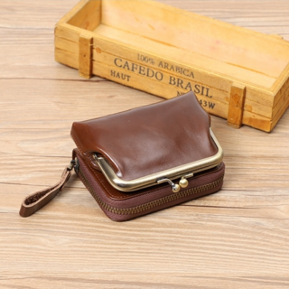 頭層油蠟牛皮2合一 女士口金零錢包 咖啡色 LH902, 1個