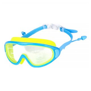 ButterFly Fish 蝴蝶魚 兒童大框防霧泳鏡 超大鏡片 2cm超大眼眶鏡裙 連體矽膠耳塞 5-15歲適用, 13.5cm, 黃藍色, 1個