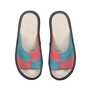 羊皮撞色拼接亞麻室內拖鞋 防滑, 26, 粉藍色, 1雙