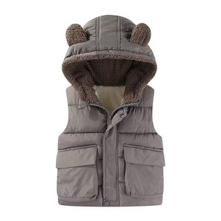 兒童款 秋冬羽絨熊耳朵背心外套，聚酯纖維，藍綠/黑色/米白/灰色, 90碼