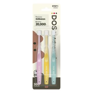 DOS 360 嬰兒牙刷 第1階段, 3入, 1個, 紫色+黃色+薄荷