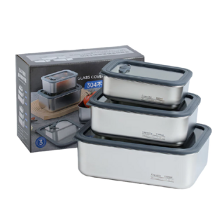 可微波玻璃蓋不鏽鋼保鮮盒淺款3件組, 650ml + 1.3L + 2.3L 透明玻璃蓋 鋼色 1.6kg, 1組