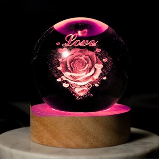 ALL SPLENDID 水晶球 6cm + USB七彩實木燈座 7 x 2cm, LOVE玫瑰花