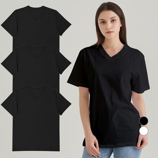 BASE ALPHA ESSENTIALS Base Alpha Essential男女適穿純棉V領短袖T恤 3件, 黑色, 黑色, 黑色