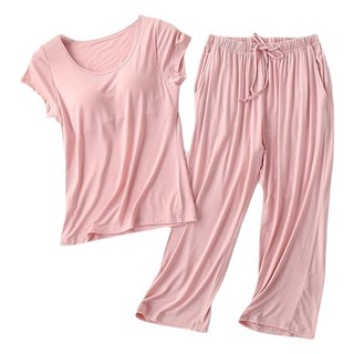NEW FORCE Bra莫代爾附胸墊短袖七分褲套裝, 居家服, 柔軟舒適, 親膚自然, 鬆緊腰帶, L/XL/2XL, 粉