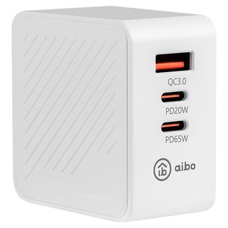 aibo GaN氮化鎵三孔快速充電器 65W PDx2+QC3.0x1 白色, 1個