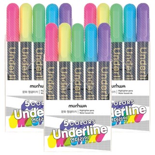 문화연필 언더라인 형광펜 세트, 분홍 + 노랑 + 연두 + 파랑 + 보라, 15개