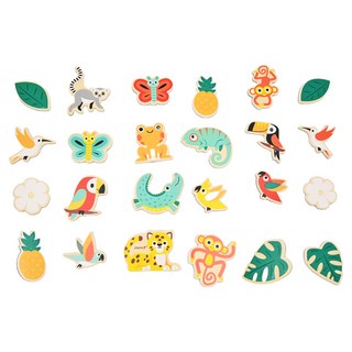 Janod 雨林大冒險 動物遊戲磁貼 色彩繽紛異國風情 輕鬆吸附於金屬表面 永續森林木材 手工打磨質感佳, 1組, 24枚