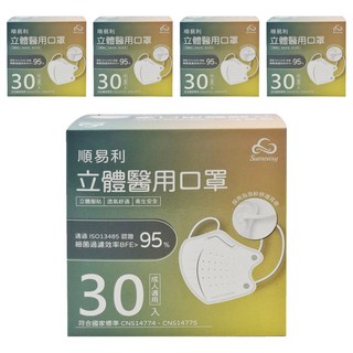 順易利 成人立體醫用口罩 細耳款 L, 莫蘭迪藍, 30片, 5盒